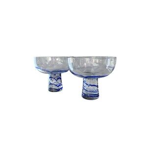 2 Pier 1 Margarita Stem Wide Mouth-Blown Glasses Blue Swirl Dessert Cobalt Blue